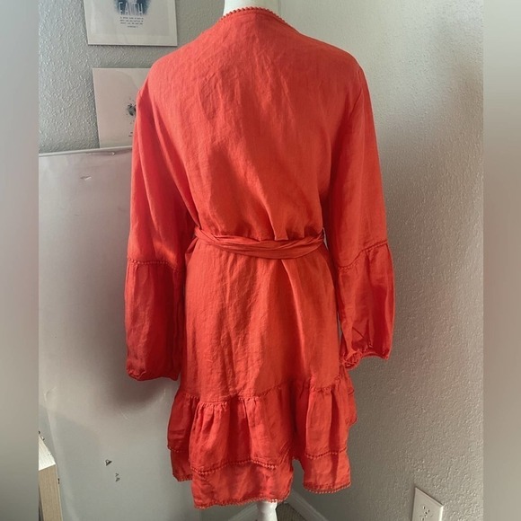 Tessora Paloma Linen Pom Pom Wrap Dress in Orange Size Large - Picture 5 of 9